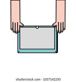 hands with screen tablet technology object