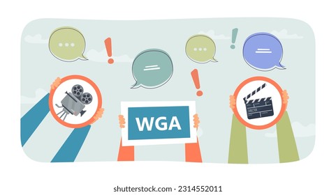 Hands of scriptwriters holding protest signs vector illustration. Scriptwriters, directors and operators protesting and asking for fair salary. Protest, television or cinematography, society concept