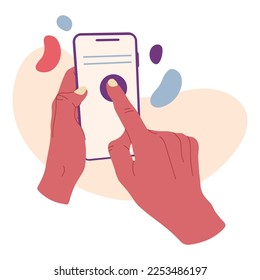 Hands scrolling smartphone screen. Human hand holding cell phone, mobile phone in hands flat vector illustration on white background