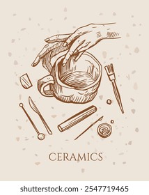 Hands sculpting a mug from clay, ceramics, hand drawn monochrome illustration, vector sketch