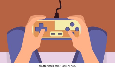 Hands of a seated man holding a joystick, flat vector illustration. Video gamer or esports player with a gamepad. Entertaining computer games and cyber sport.