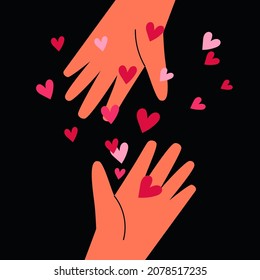 Hands send hearts, give and share love. Flat vector design