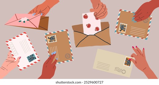 As mãos enviam uma carta. Mão feminina e masculina segurando envelopes com selos, segurando, enviando, tirando, inserindo, lendo cartas de papel. Cartões postais bonitos, conjunto de vetores de entrega de correio. Envelope de correio postal