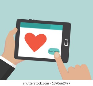 hands send a message in the shape of a heart on a tablet, vector illustration
