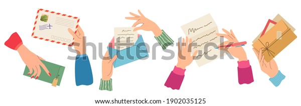 Hands sending letter. Female hand holding\
envelopes with stamps, write and read paper letters. Trendy post\
cards, mail delivery vector set. Envelope mail correspondence in\
hands illustration