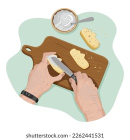 Hands of senior with smartwatch spread cream cheese on a crispy slice of bread with knife on a wooden cutting board with crumbs from personal point of view. Process of cooking. Vector flat isolated co