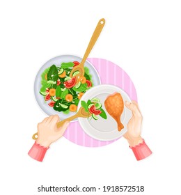 Hands Serving Vegetable Salad on Plate with Chicken Leg Above View Vector Illustration