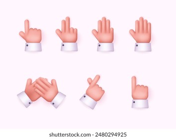 Hands set in cartoon 3d style. Hand shows different gestures signs. 3D Web Vector Illustrations.