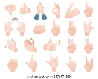 Hands set. Collection of various finger and palm gesture. Ok and thumb up sign. Isolated vector illustration in cartoon style