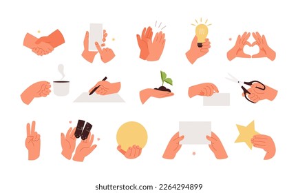 Hands set concept and various gestures. Handshake, business, coffee, signature, idea, applause, ecology, love