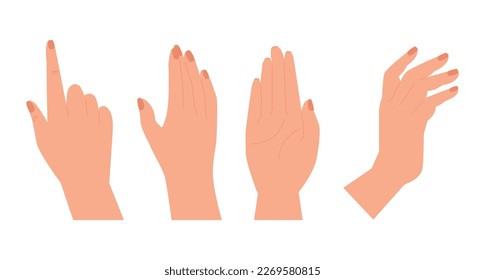 Hands set design in cartoon style. Hand shows different gestures signs. Collection isolated on white background. Vector illustration