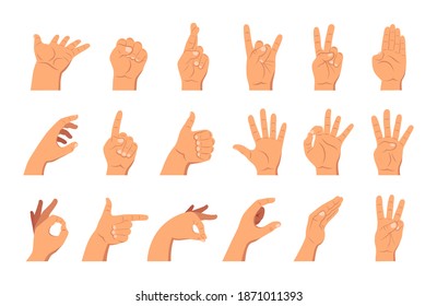 Hands set with different gestures, showing emotions with your fingers and holding a card and pen. Vector cartoon flat arm icon isolated on white background.