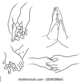 Hands. A set of different gestures two hands. The female palm is attached to the male palm and gently touches, love and passion. Contour line. Isolated over white background. Vector 