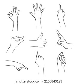 Hands set elements pose  Make symbolic gesture ok  spread out hand  point  hand pinch  great  V sign side facing  Vector illustration 
