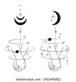 Hands set in esoteric boho style. Holding hands and stars, moon, planet. Vector, illustration.