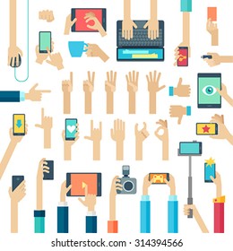 Hands set with gadgets. Vector illustration.