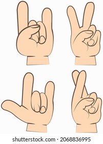 Hands set. Gestures with fingers pointing, attention. Gesture palm, pointing hand, communication language, pose and gesturing. Human hand expresses signals, actions and emotions, signs and impressions