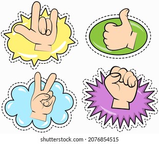 Hands set. Gestures with fingers pointing, attention. Gesture palm, pointing hand, communication language, pose and gesturing. Human hand expresses signals, actions and emotions, signs and impressions