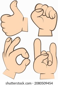 Hands set. Gestures with fingers pointing, attention. Gesture palm, pointing hand, communication language, pose and gesturing. Human hand expresses signals, actions and emotions, signs and impressions