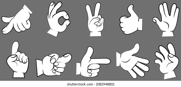 Hands set. Gestures with fingers pointing, attention. Gesture palm, pointing hand, communication language, pose and gesturing. Human hand expresses signals, actions and emotions, signs and impressions