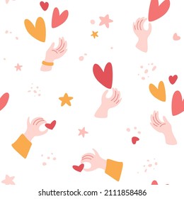 Hands set giving a hearts. Stars and abstract shapes textures. Simple human parts, love concept. Valentine's Day background, romantic wallpaper, lovely bright banner, print. Vector illustration.