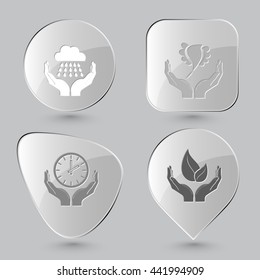 En las manos. Botones de vidrio sobre fondo gris. Iconos vectores.
