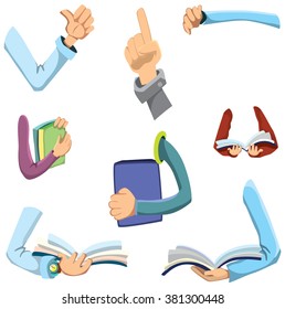 Hands set. Hands holding book. Attention hand. Like. Finger up. Mans hands. Hands with books. Book reading. Love reading and studying. Students hands. People hands.