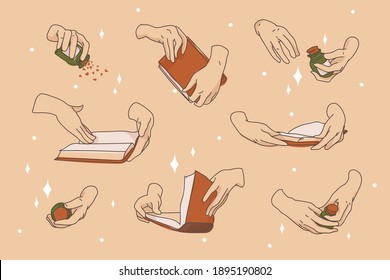 Hands set with holding the book and little boutle. Reading books processe