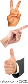 Manos puestas con gestos. Mano mostrando el dedo señalador, como, el dedo de la victoria en algo sobre fondo blanco, ilustración de diseño vectorial.