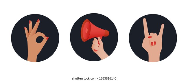 Hands Set. Modern Flat Vector Concept Illustrations. Badges with Hand Showing Signs, Holding Megaphone. Social Media Ads.