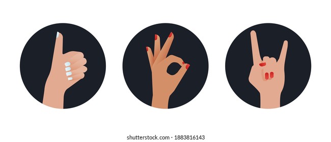 Hands Set. Modern Flat Vector Concept Illustrations. Badges with Hands of Different Race Showing Signs. Social Media Ads.