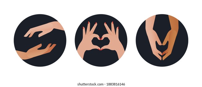 Hands Set. Modern Flat Vector Concept Illustrations. Badges with Hands of Different Race Showing Signs. Social Media Ads.