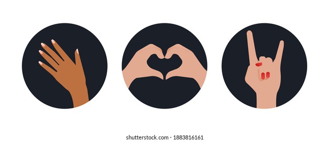 Hands Set. Modern Flat Vector Concept Illustrations. Badges with Hands of Different Race Showing Signs. Social Media Ads.