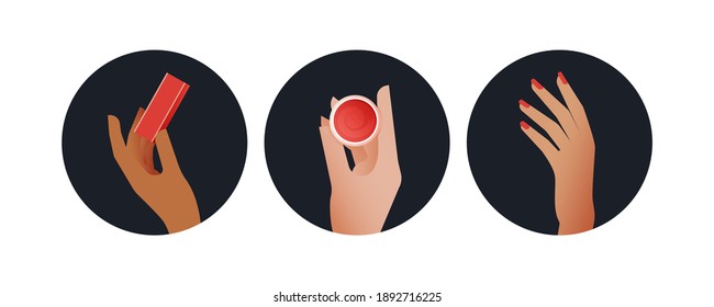 Hands Set. Modern Flat Vector Concept Illustrations. Badges with Hands of Different Race Holding Nail Buffer Block, Jar with Cream, Showing Hand. Social Media Ads.