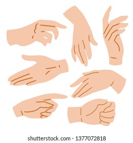 Hands set on white background, vector illustration. Hand drawn cartoon illustration for your design. Human palms, wrists, gestures. Simple flat styl, sketch collection for cosmetics, cosmetology