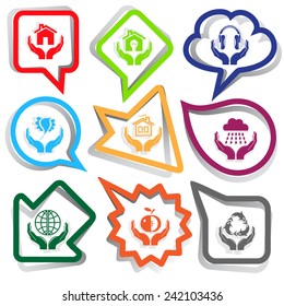 In hands set. Paper stickers. Vector illustration.