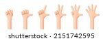 Hands set. Realistic 3d design in cartoon style. Hand shows signs of various counting gestures. Collection isolated on white background. 3d Vector illustration