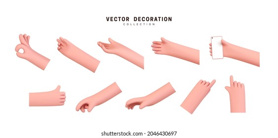 Hands set of realistic 3d design in cartoon style. Hand shows different gestures signs. Collection isolated on white background. Vector illustration
