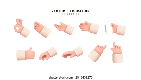 Hands set of realistic 3d design in cartoon style. Hand shows different gestures signs. Collection isolated on white background. Vector illustration
