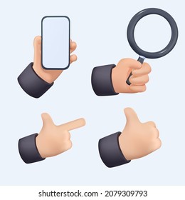 Hands set of realistic 3d design in cartoon style. Hand shows different gestures signs. Collection isolated on white background. Vector illustration. Set of colorful hands holding different objects.