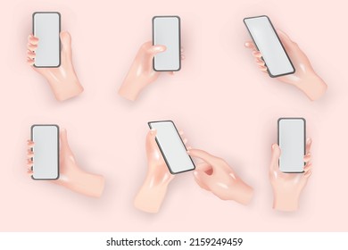 Hands set of realistic 3d design in cartoon style. Hand shows different gestures signs. Collection isolated on pastel background. Minimal style. Vector illustration