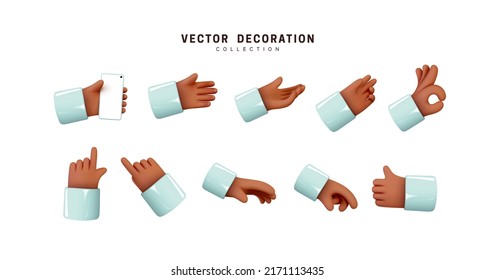 Hands set of realistic 3d design in cartoon style. Hand shows different gestures signs. Vector illustration