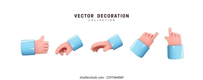 Hands set of realistic 3d design in cartoon style. Hand shows different gestures signs. Vector illustration