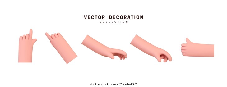 Hands set of realistic 3d design in cartoon style. Hand shows different gestures signs. Vector illustration