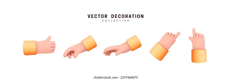 Hands set of realistic 3d design in cartoon style. Hand shows different gestures signs. Vector illustration