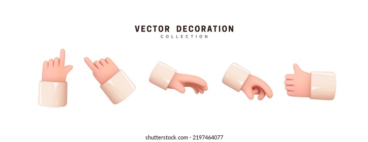 Hands set of realistic 3d design in cartoon style. Hand shows different gestures signs. Vector illustration