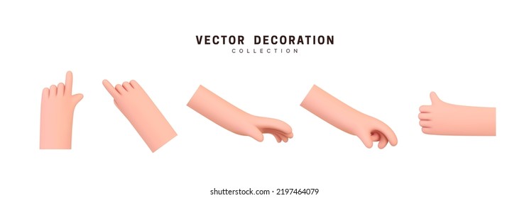 Hands set of realistic 3d design in cartoon style. Hand shows different gestures signs. Vector illustration