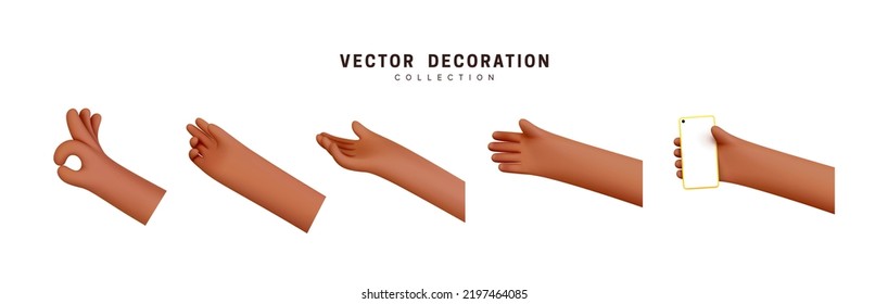 Hands set of realistic 3d design in cartoon style. Hand shows different gestures signs. Vector illustration