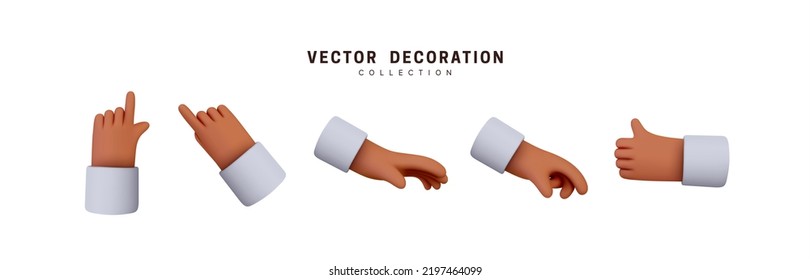 Hands set of realistic 3d design in cartoon style. Hand shows different gestures signs. Vector illustration