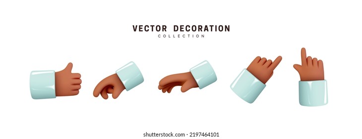 Conjunto de manos de diseño 3d realista al estilo de las caricaturas. La mano muestra diferentes señales de gestos. Ilustración del vector